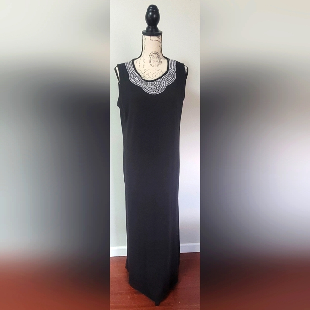 Nina Leonard Black maxi dress with embroidered sequined neckline in L